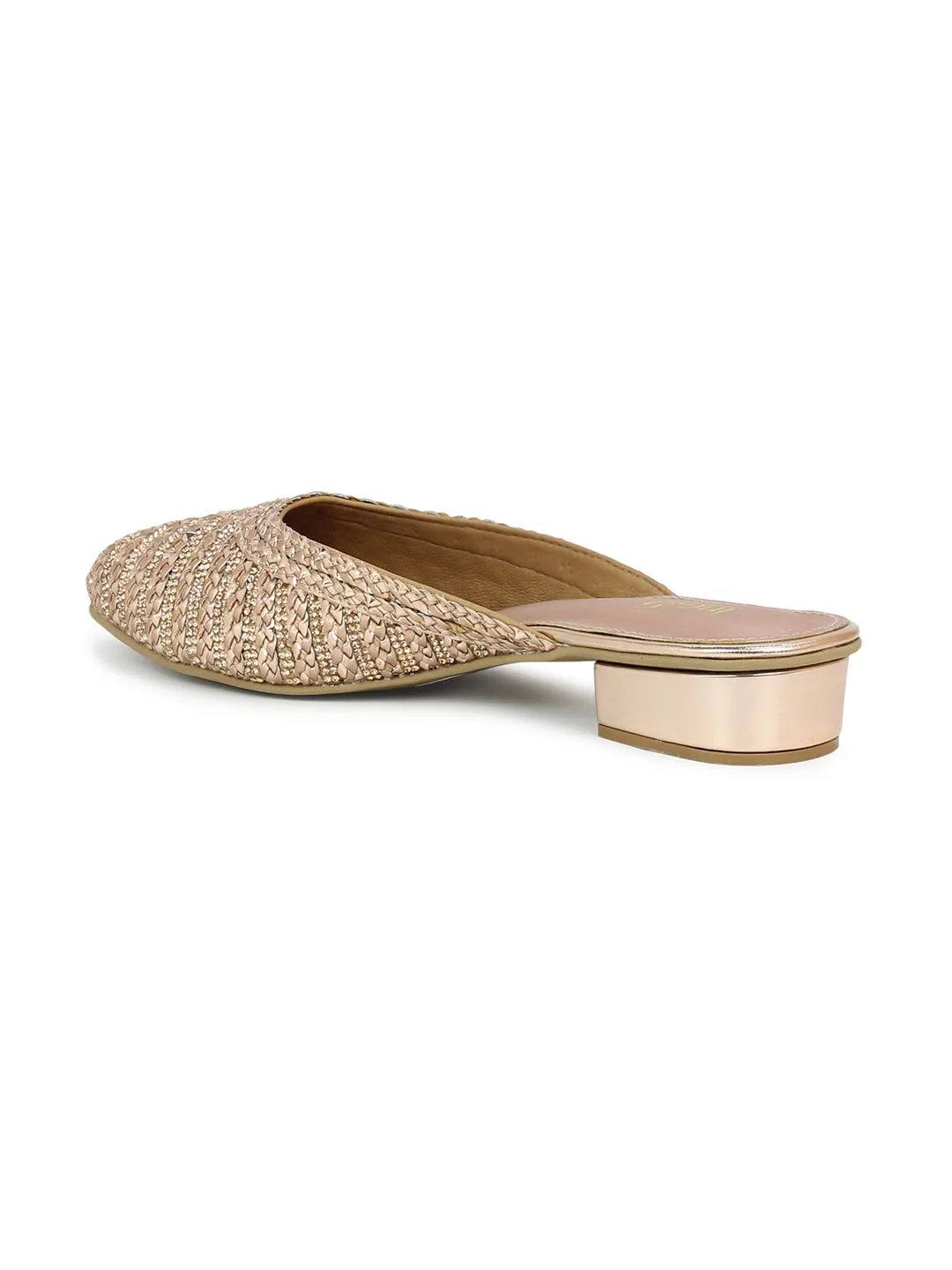 Women Rose Gold Embellished Ethnic Mules Flats