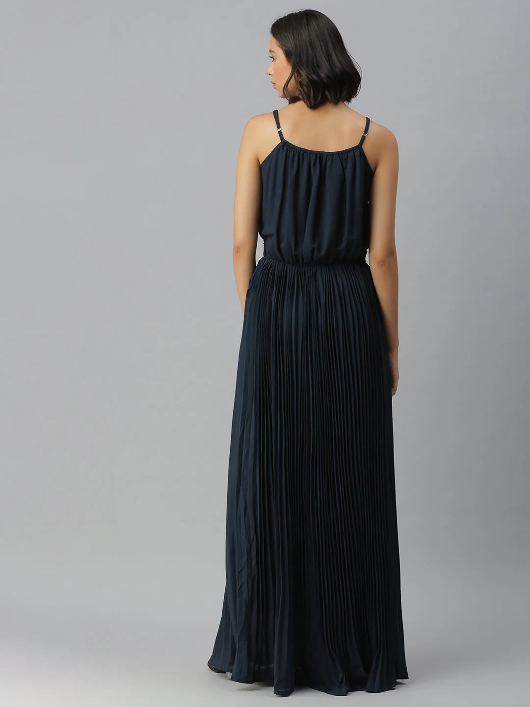 Women Shoulder Straps Embellished Maxi Navy Blue Dress