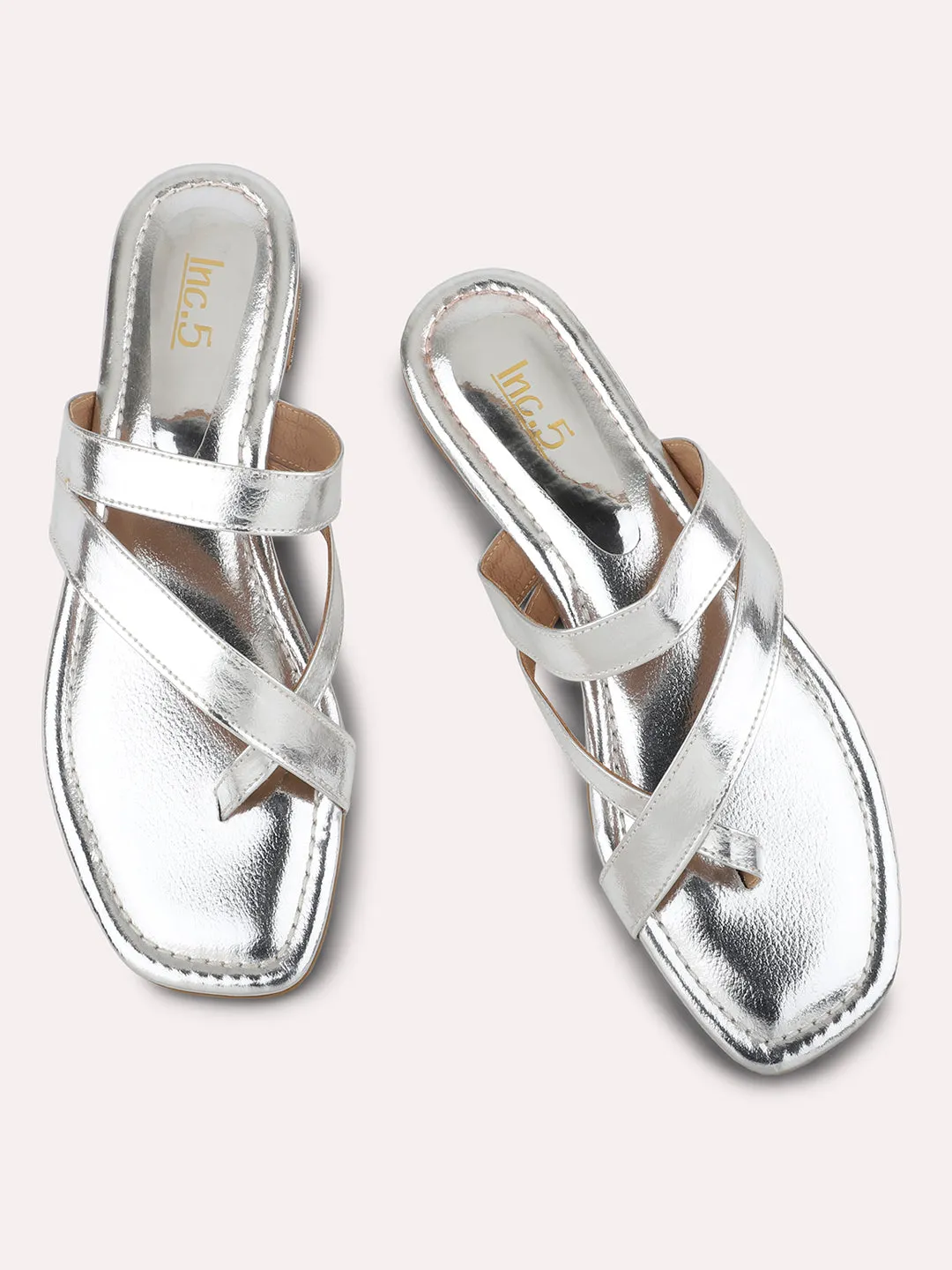 Women Silver Embellished One Toe Flats