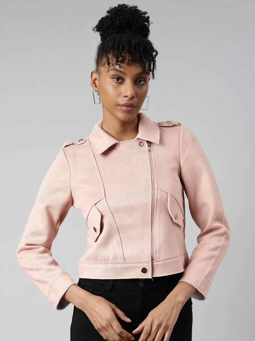 Women Solid Peach Biker Jacket