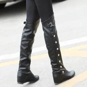 Women studded buckle strap over the knee boots