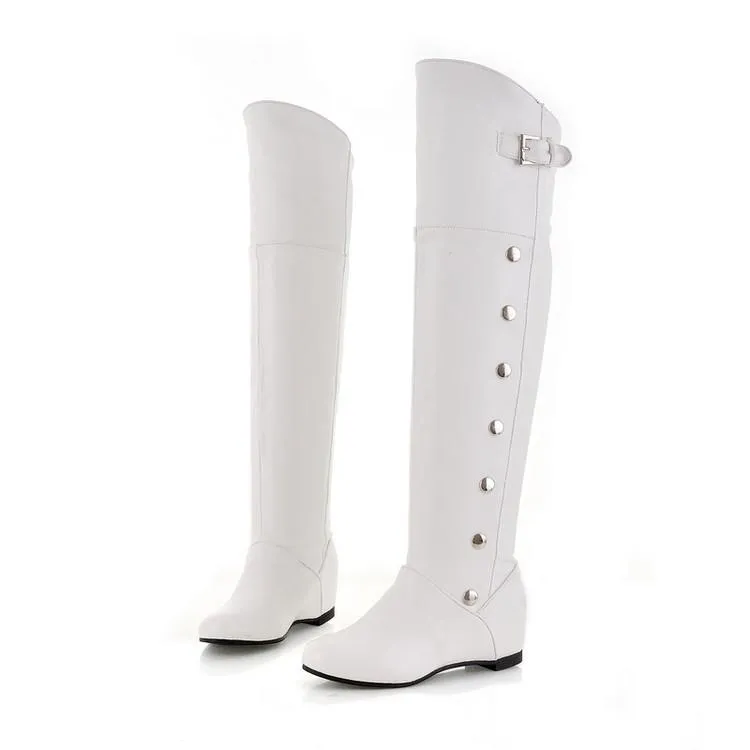 Women studded buckle strap over the knee boots