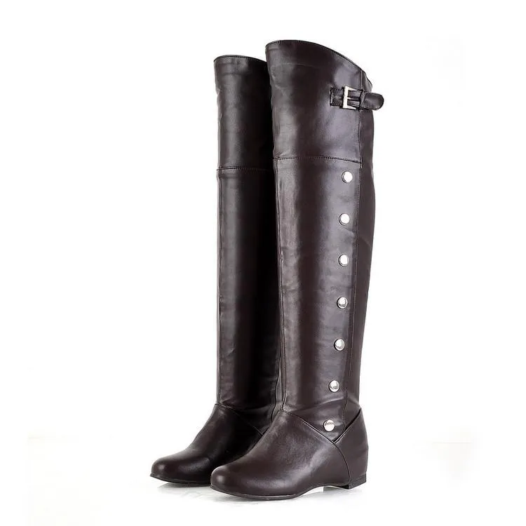 Women studded buckle strap over the knee boots