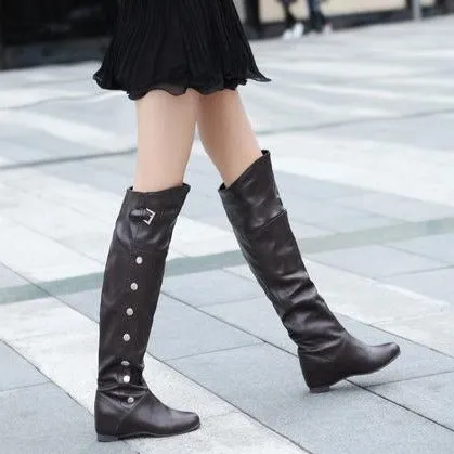 Women studded buckle strap over the knee boots