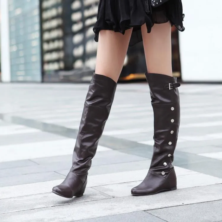 Women studded buckle strap over the knee boots