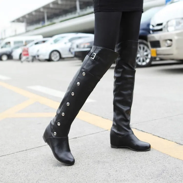 Women studded buckle strap over the knee boots