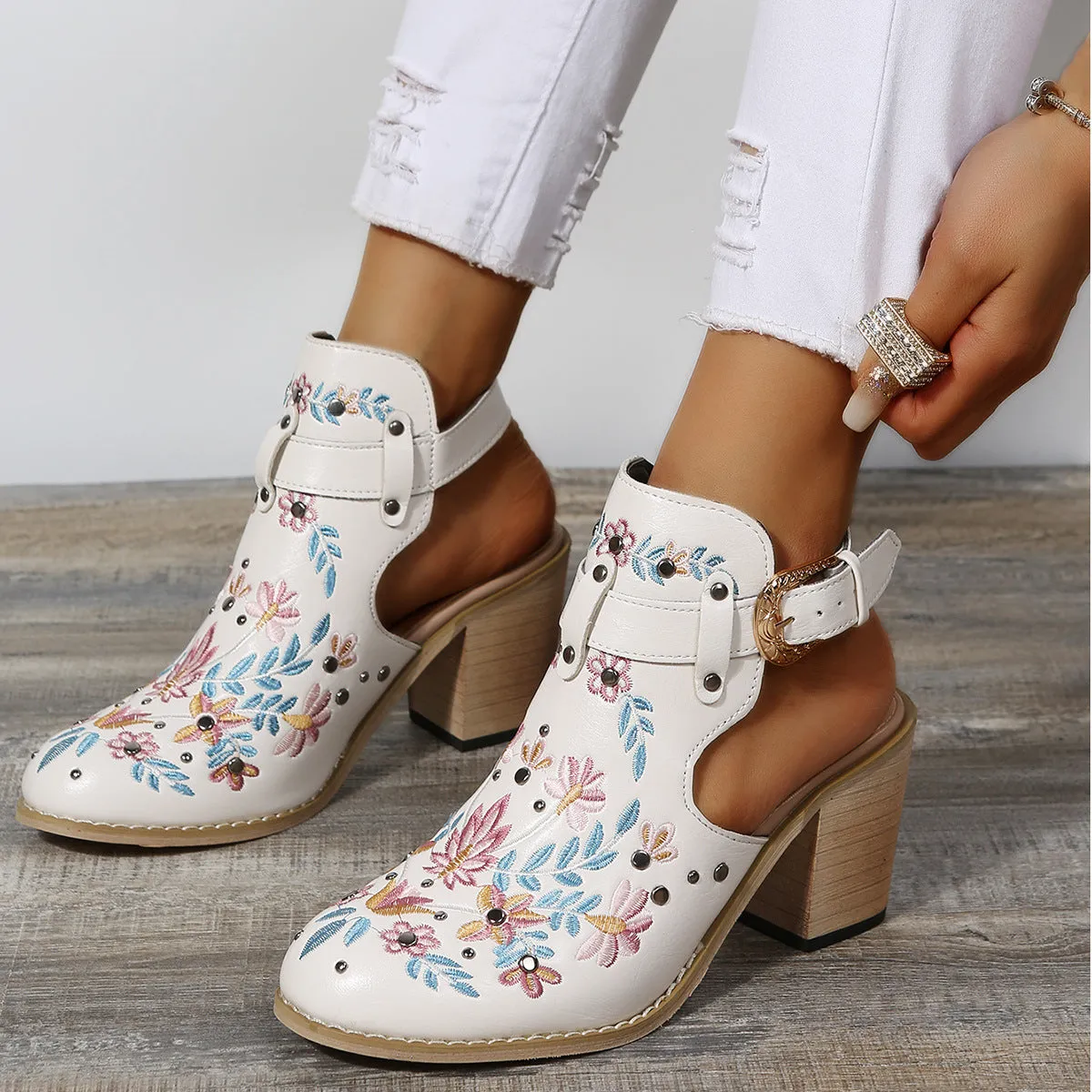 Women summer boots | Embroidery studded slingback buckle strap chunky heeled booties