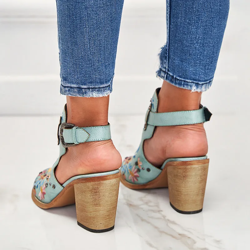 Women summer boots | Embroidery studded slingback buckle strap chunky heeled booties