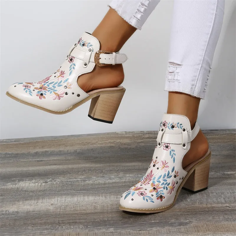 Women summer boots | Embroidery studded slingback buckle strap chunky heeled booties