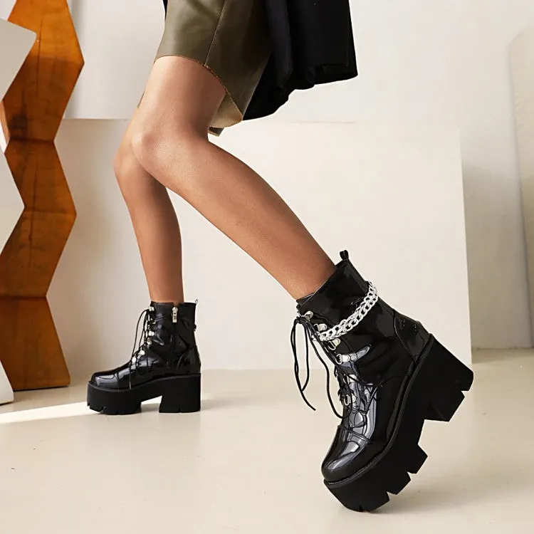 Women's Glossy Round Toe Lace Up Metal Chains Block Chunky Heel Platform Short Boots