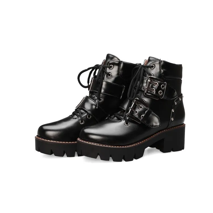 Women's Lace Up Buckle Straps Rivets Block Chunky Heel Platform Short Boots