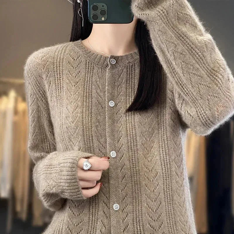 Women's Merino Wool Cable Knit Cardigan O-Neck Sweater