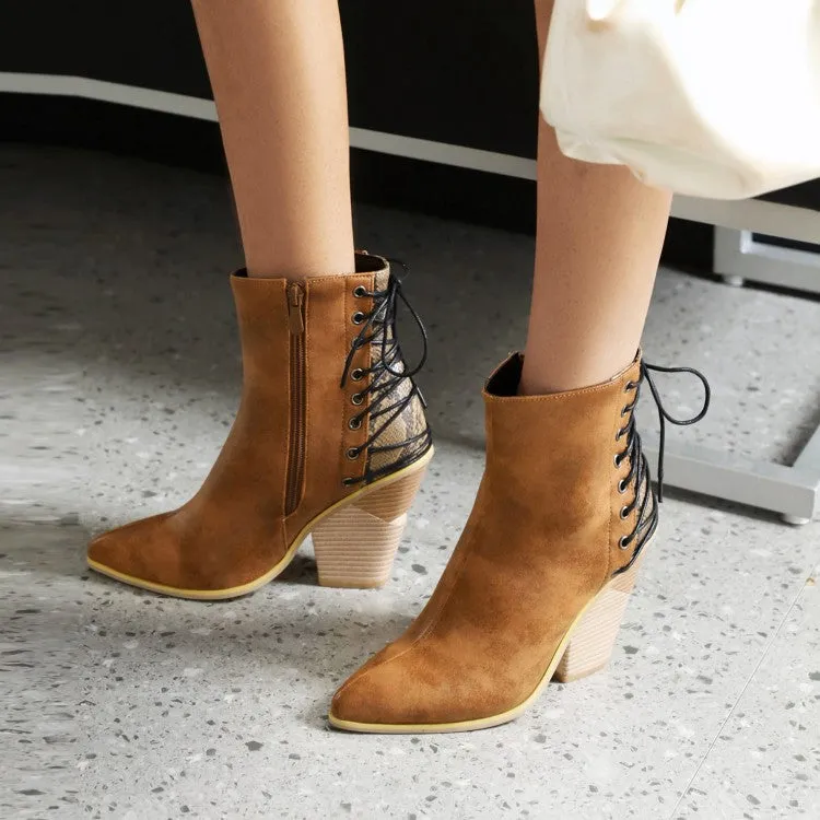 Women's Pointed Toe Patchwork Back Lace Up Block Heel Short Boots