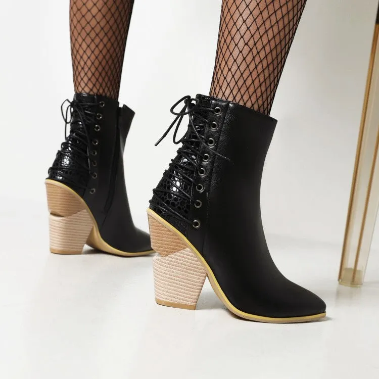 Women's Pointed Toe Patchwork Back Lace Up Block Heel Short Boots