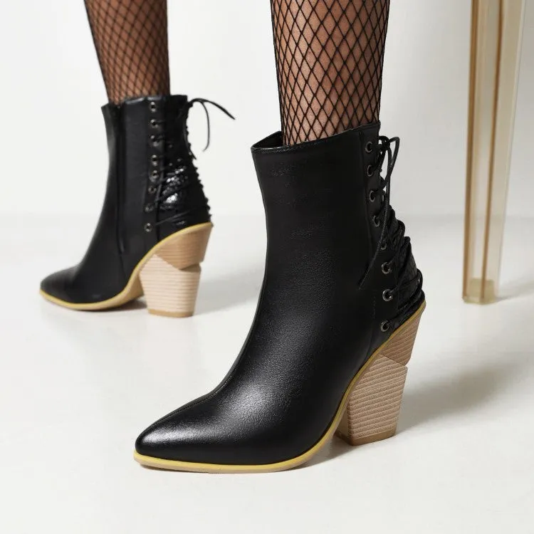 Women's Pointed Toe Patchwork Back Lace Up Block Heel Short Boots