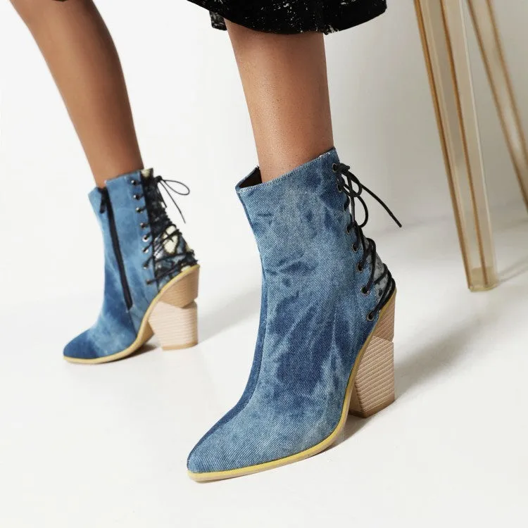 Women's Pointed Toe Patchwork Back Lace Up Block Heel Short Boots