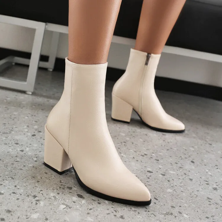 Women's Pu Leather Pointed Toe Side Zippers Chunky High Heel Short Boots