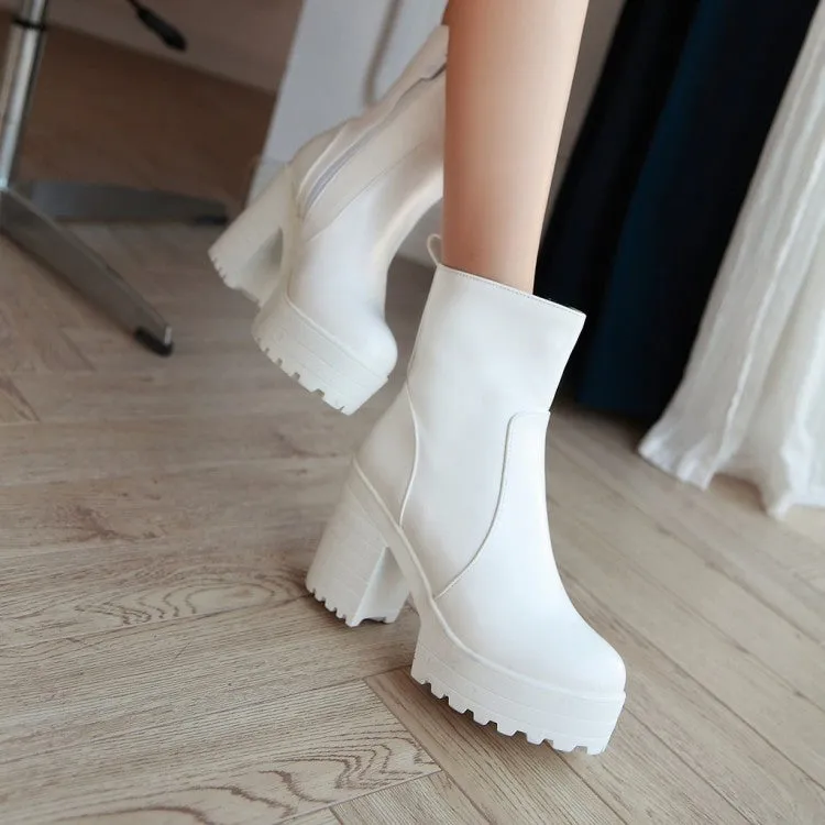 Women's Pu Leather Round Toe Block Heel Platform Short Boots