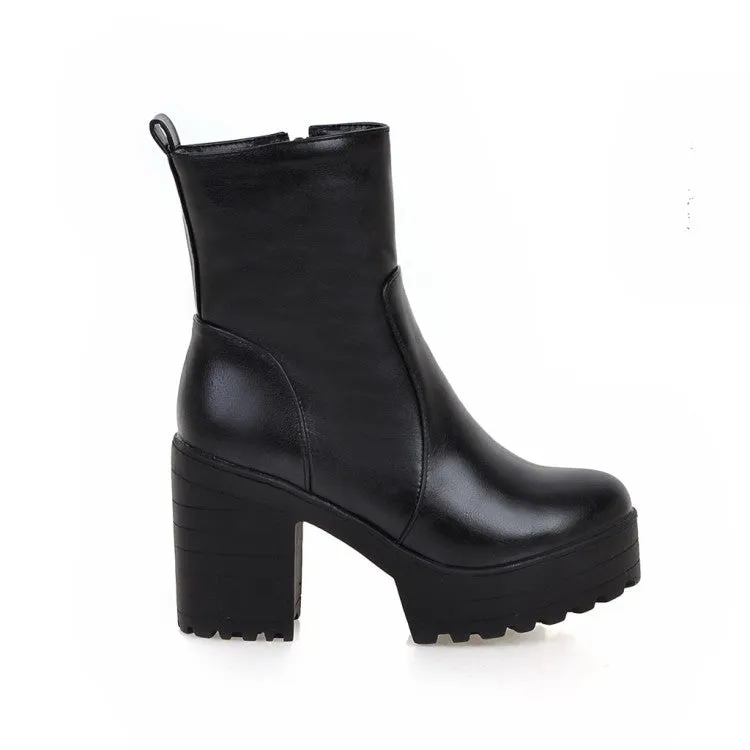 Women's Pu Leather Round Toe Block Heel Platform Short Boots