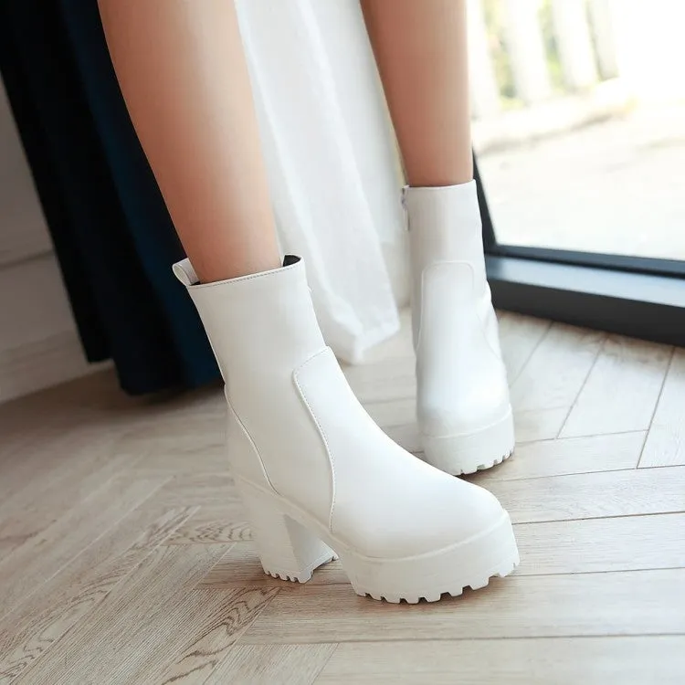 Women's Pu Leather Round Toe Block Heel Platform Short Boots