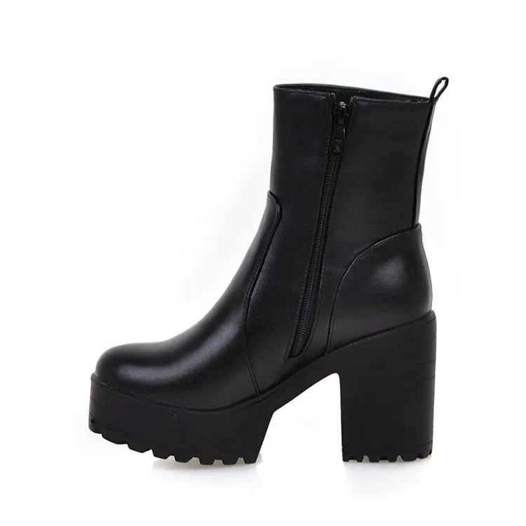 Women's Pu Leather Round Toe Block Heel Platform Short Boots