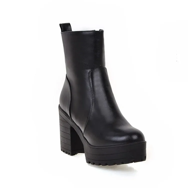 Women's Pu Leather Round Toe Block Heel Platform Short Boots