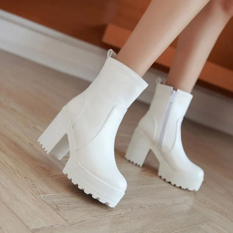 Women's Pu Leather Round Toe Block Heel Platform Short Boots