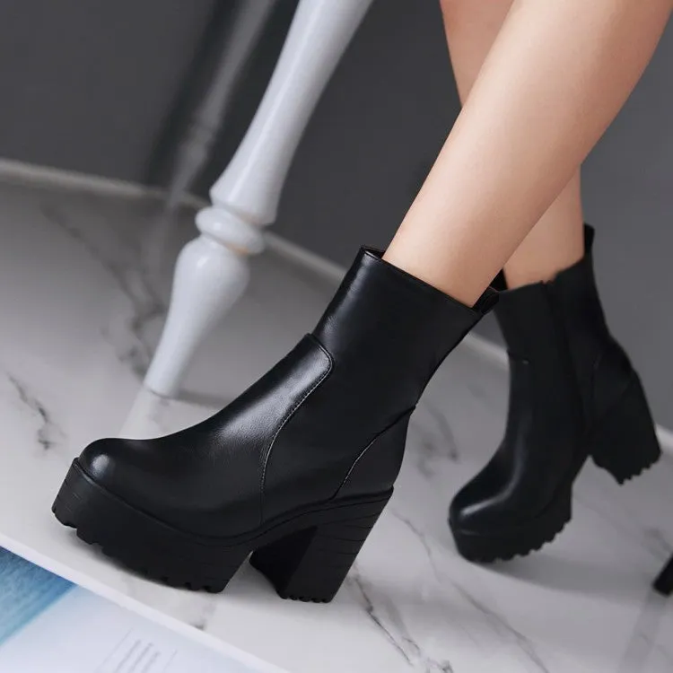 Women's Pu Leather Round Toe Block Heel Platform Short Boots