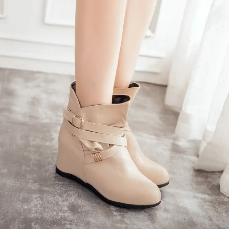 Women's Pu Leather Round Toe Crossed Buckle Straps Wedge Heel Short Boots