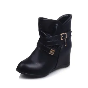 Women's Pu Leather Round Toe Crossed Buckle Straps Wedge Heel Short Boots