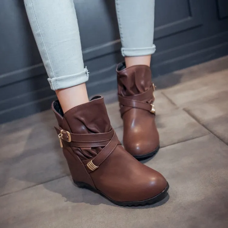 Women's Pu Leather Round Toe Crossed Buckle Straps Wedge Heel Short Boots