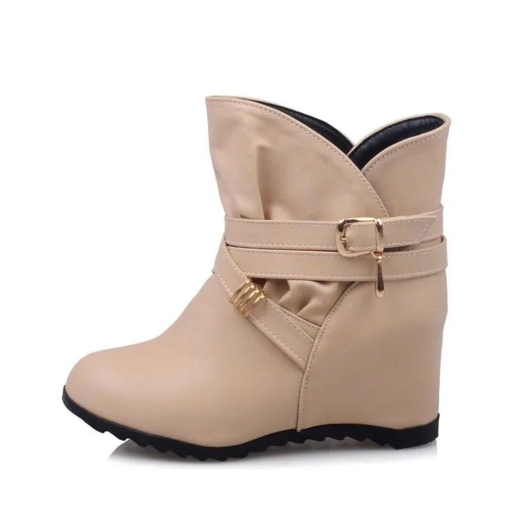 Women's Pu Leather Round Toe Crossed Buckle Straps Wedge Heel Short Boots